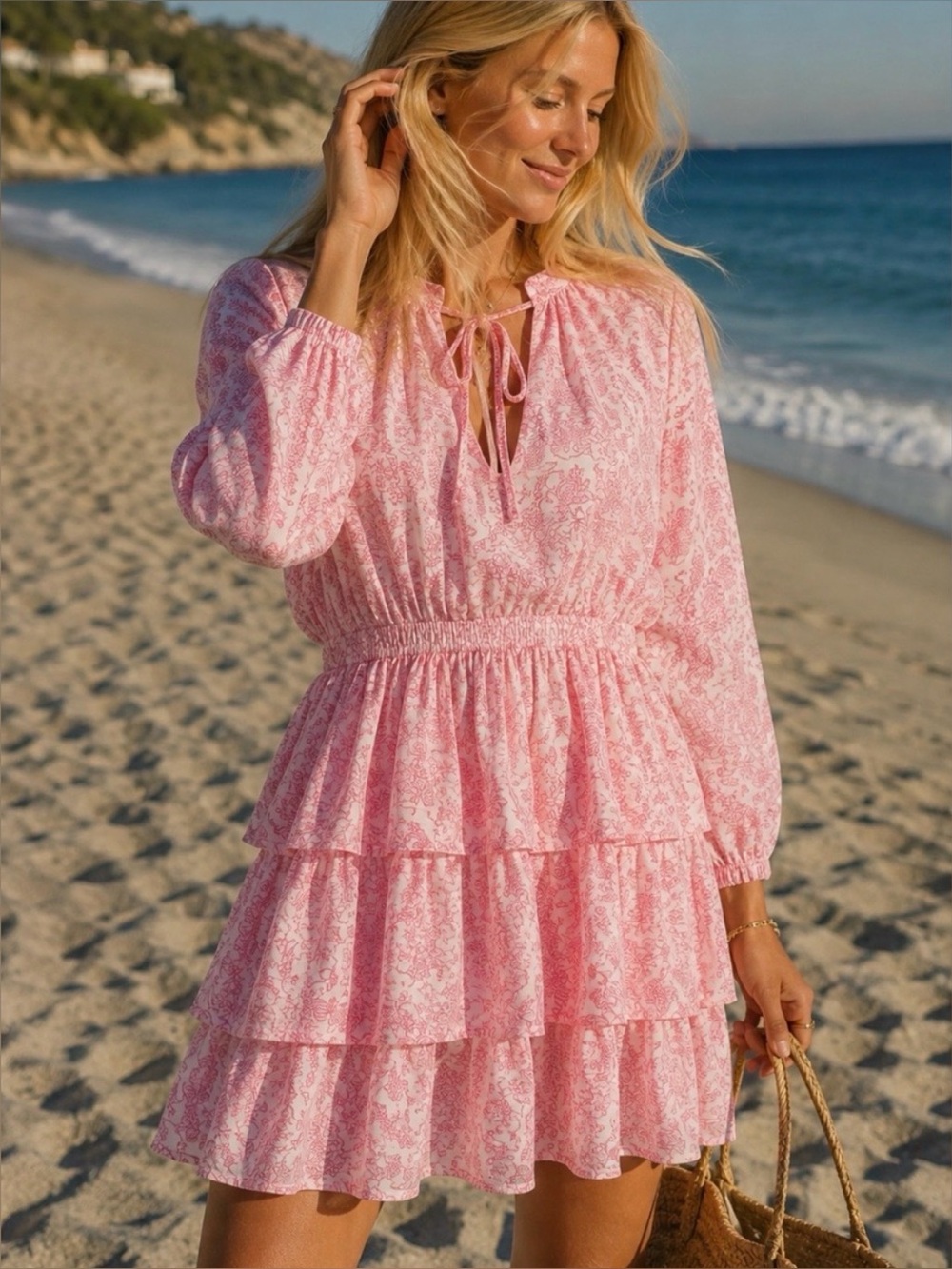 Target x Roller Rabbit Pink Tiered Long-Sleeve Floral Mini Dress